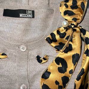 Love Moschino light brown Virgin Wool Cardigan animal print and pearl bow